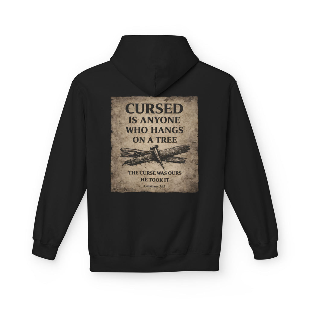 Hoodie — "Cursed Is Anyone Who Hangs on a Tree" Vintage Bible Verse Back Print