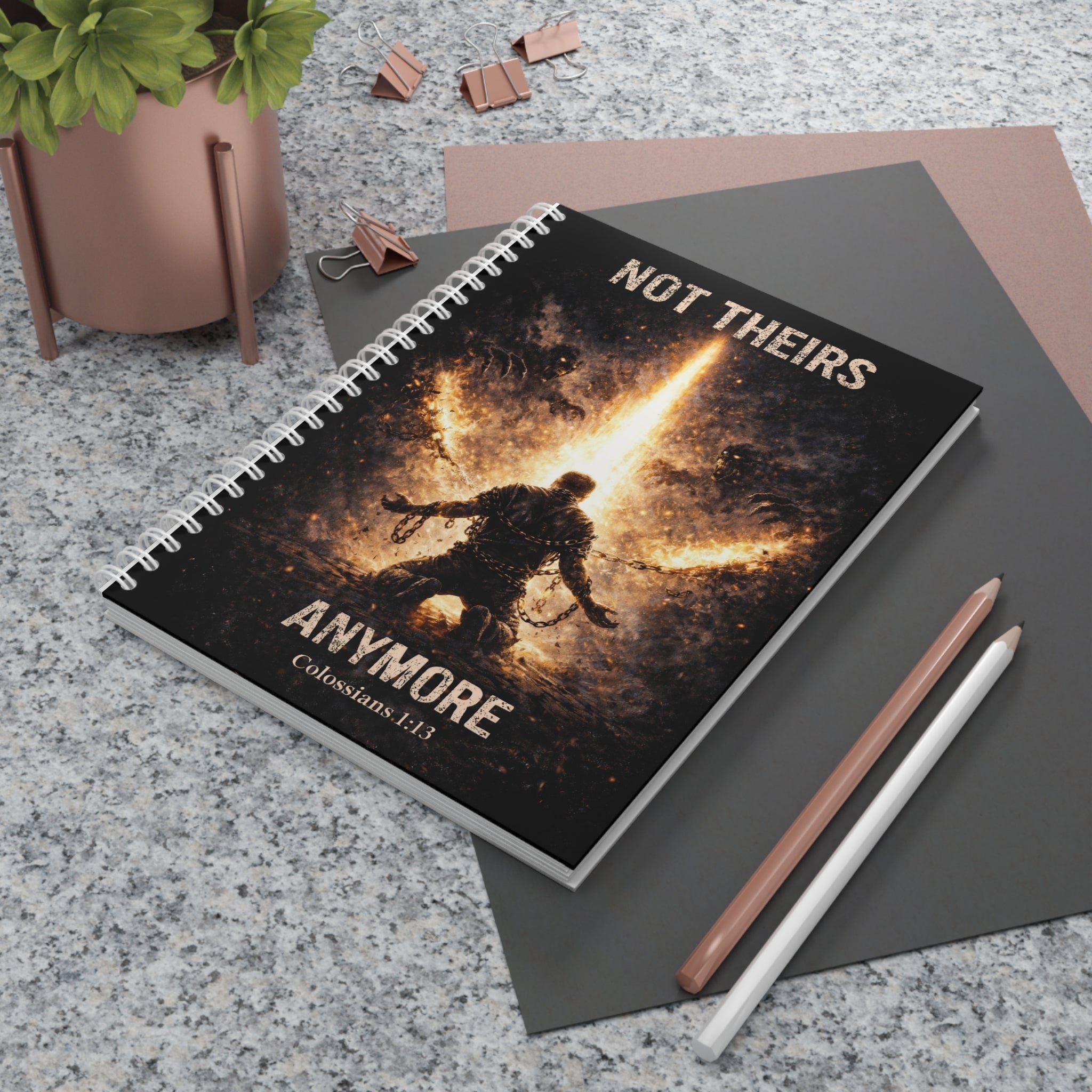 Christian Spiral Notebook — "Not Theirs Anymore" Inspirational Journal (Colossians 1:13)