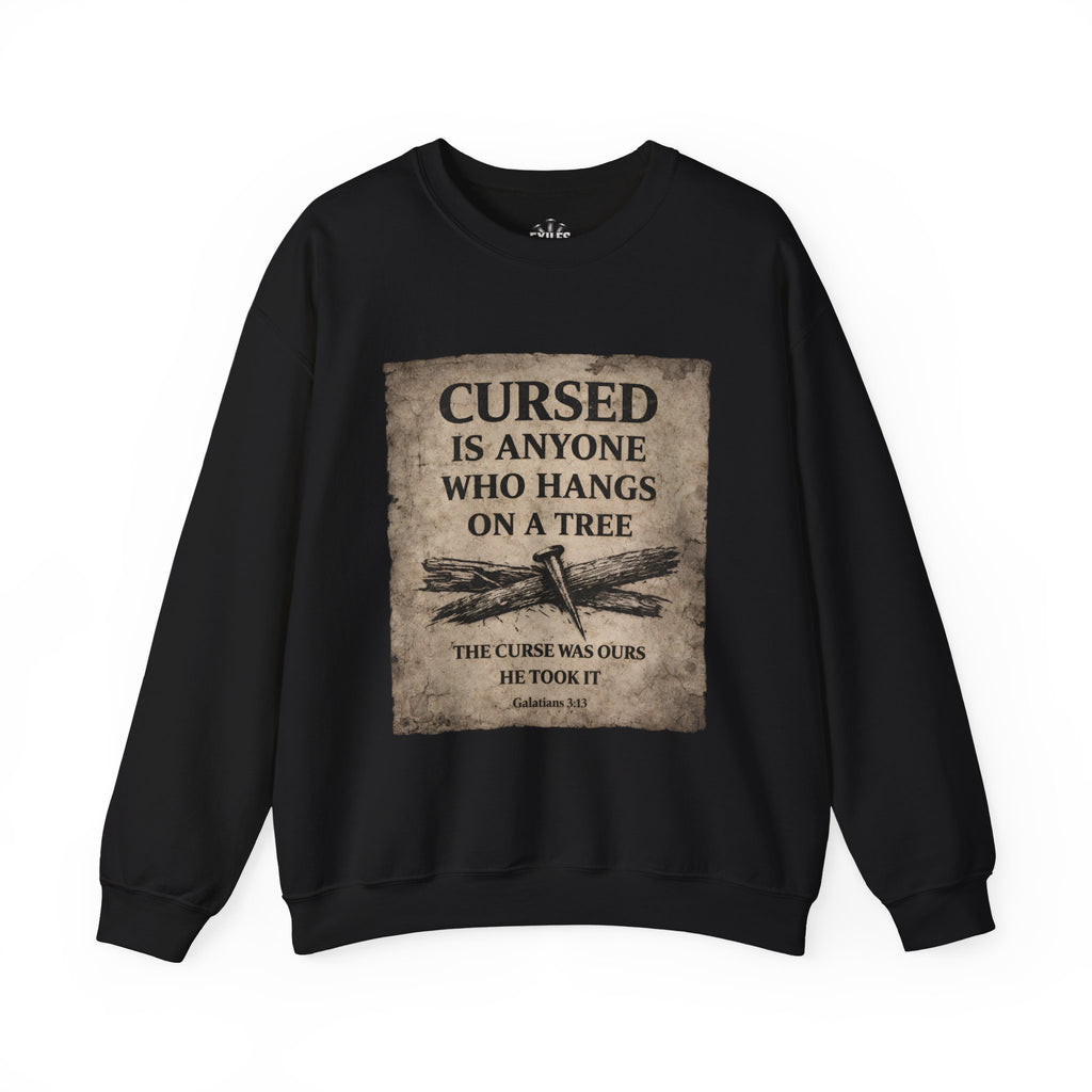 Crewneck Sweatshirt — "Cursed Is Anyone Who Hangs on a Tree" Vintage Bible Verse Design