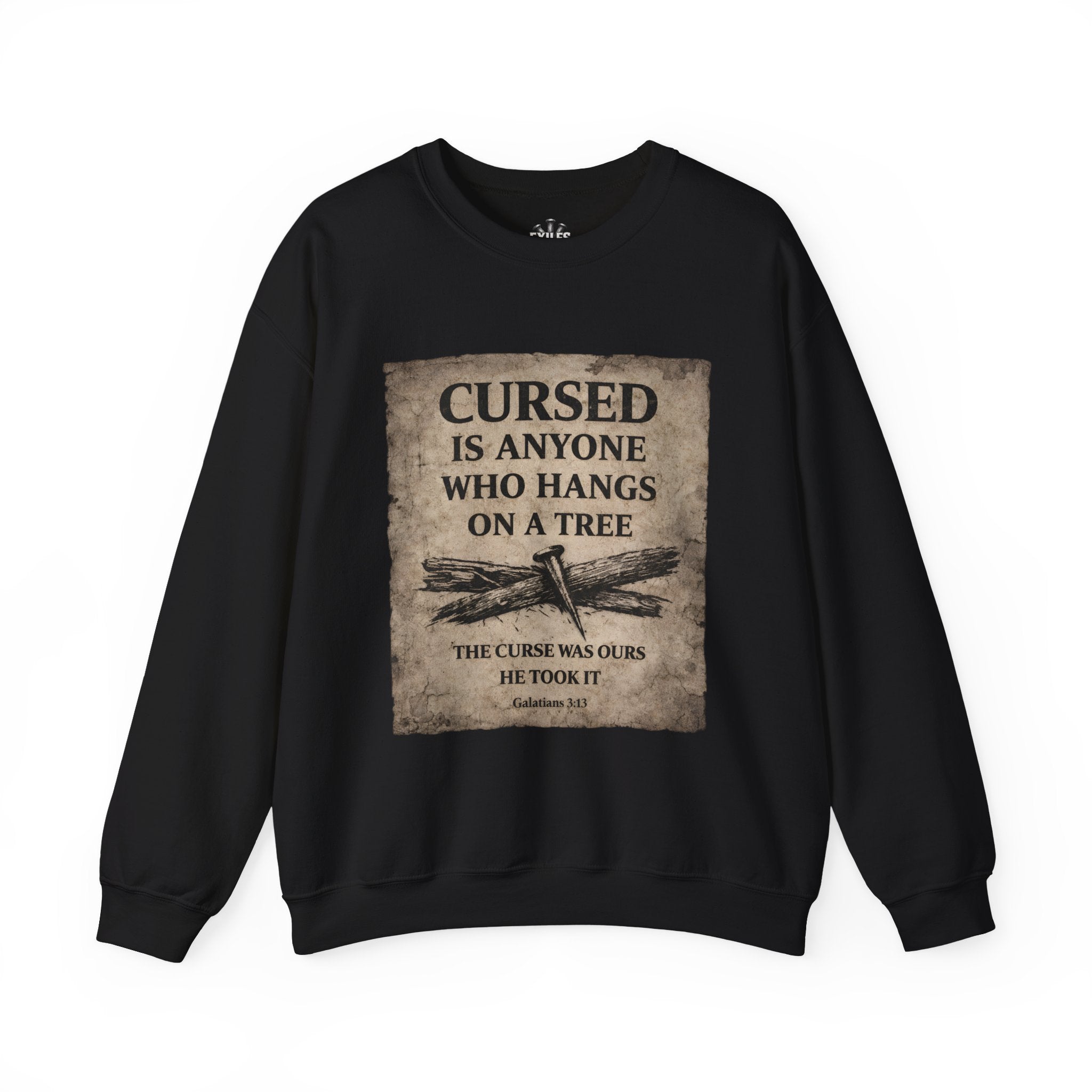 Crewneck Sweatshirt — "Cursed Is Anyone Who Hangs on a Tree" Vintage Bible Verse Design