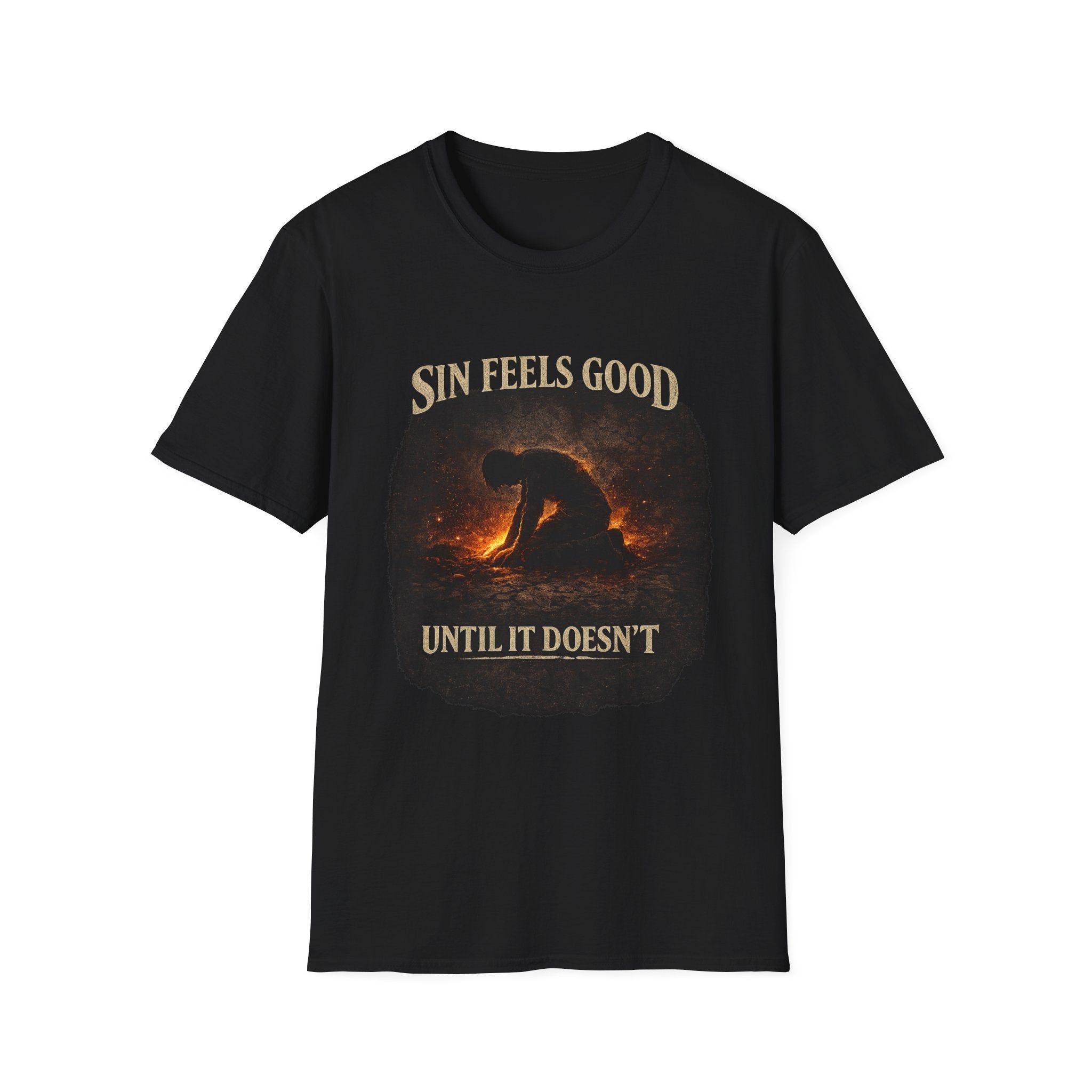 T-Shirt — "Sin Feels Good Until It Doesn’t" Graphic Tee (Dark, Reflective Faith Design)