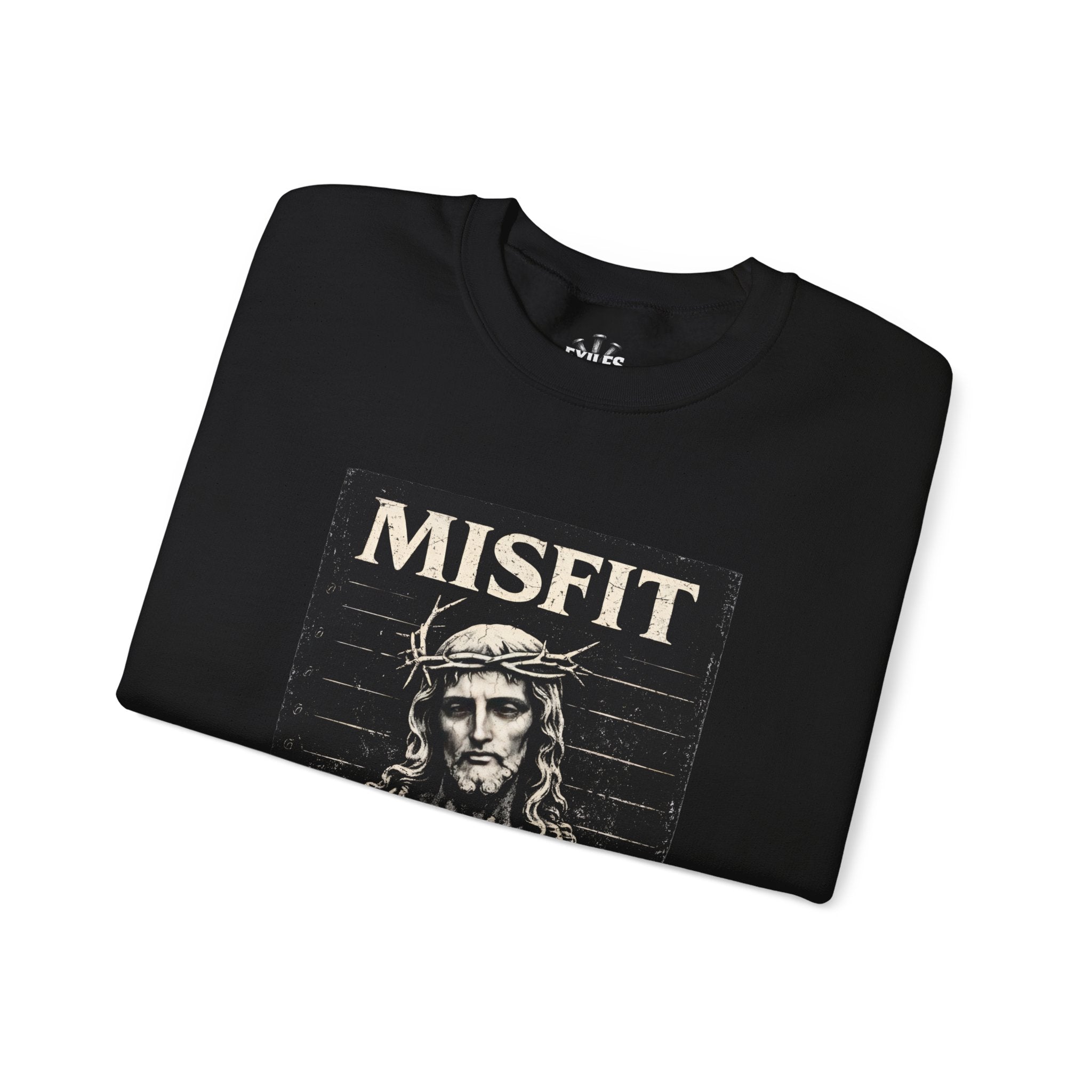 Misfit Crewneck Sweatshirt — 'Misfit' Jesus Mugshot Design (Ephesians 2:8, 'But chosen')