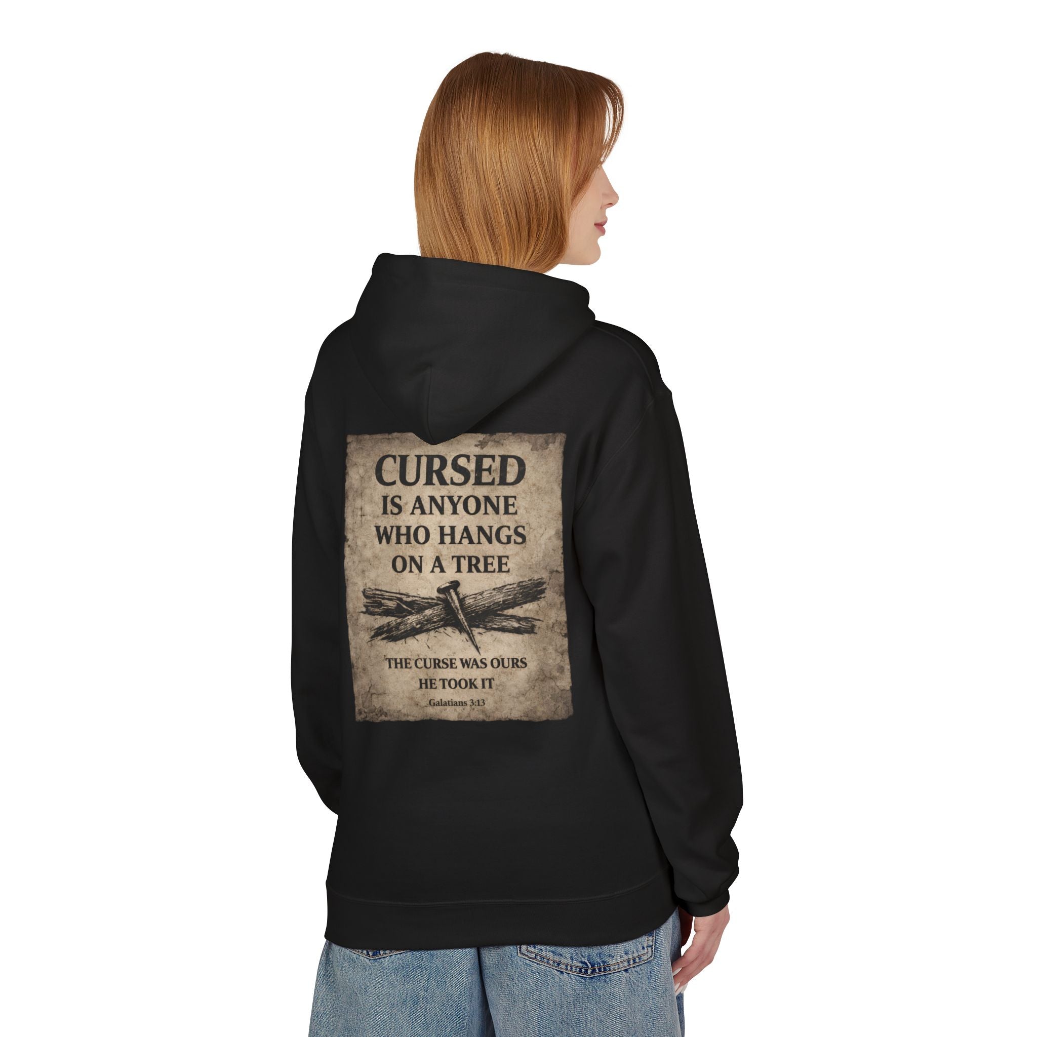 Hoodie — "Cursed Is Anyone Who Hangs on a Tree" Vintage Bible Verse Back Print